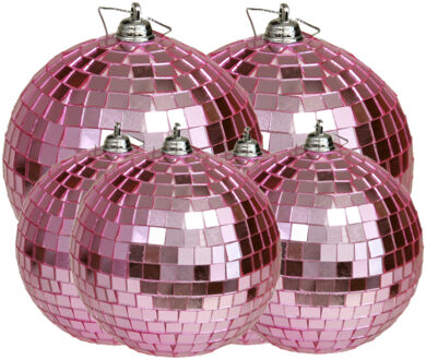 Grote discobal kerstballen - 6x stuks - roze - 8 en 10 cm - kunststof - Kerstbal