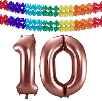 Grote folie ballonnen cijfer 10 in het brons 86 cm en 2 feestslingers
