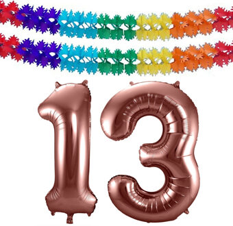 Grote folie ballonnen cijfer 13 in het brons 86 cm en 2 feestslingers