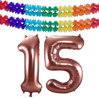 Grote folie ballonnen cijfer 15 in het brons 86 cm en 2 feestslingers