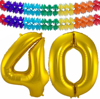 Grote folie ballonnen cijfer 40 in het goud 86 cm en 2x feestslingers