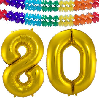 Grote folie ballonnen cijfer 80 in het goud 86 cm en 2x feestslingers