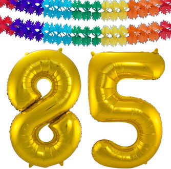 Grote folie ballonnen cijfer 85 in het goud 86 cm en 2x feestslingers