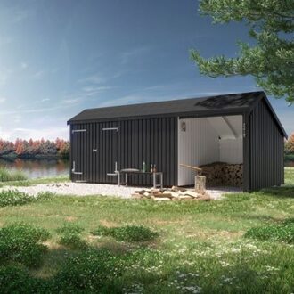 Grote Houten Schuur Met Overkapping Black