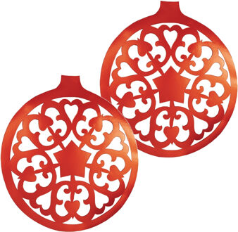 Grote Kerstbal hangdecoratie van karton - 2x - rood - Dia 32 cm - Kerstversiering