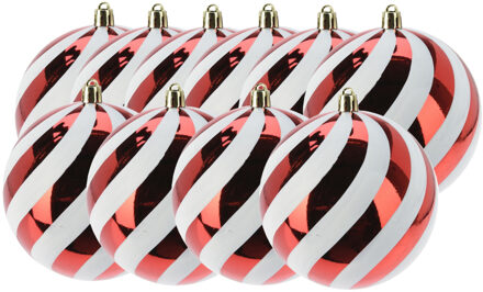 Grote kerstballen - 10x stuks - 10 cm - rood/wit - strepen - kunststof - kerstversiering