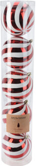 Grote kerstballen - 5x stuks - 10 cm - rood/wit - strepen - kunststof - kerstversiering