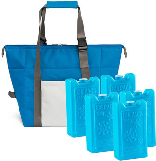 Grote koeltas blauw 38 x 33 x 18 cm met 5x stuks koelelementen 250 ML - Koeltas