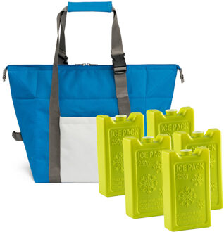 Grote koeltas blauw 38 x 33 x 18 cm met 5x stuks koelelementen 250 ML