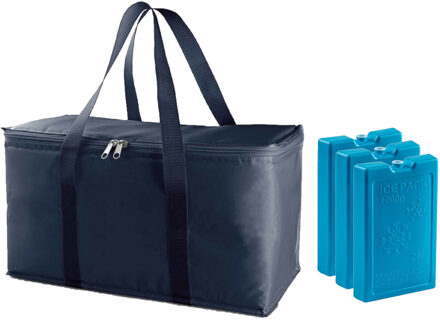 Grote koeltas blauw 39 x 22 x 19 cm met 3x stuks blauwe koelelementen