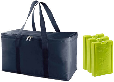 Grote koeltas blauw 39 x 22 x 19 cm met 3x stuks groene koelelementen