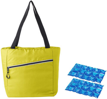 Grote koeltas draagtas/schoudertas geel met 2 stuks flexibele koelelementen 20 liter