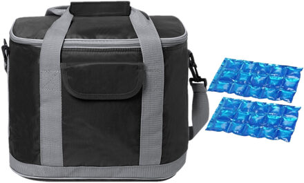 Grote koeltas draagtas/schoudertas zwart met 2 stuks flexibele koelelementen 22 liter