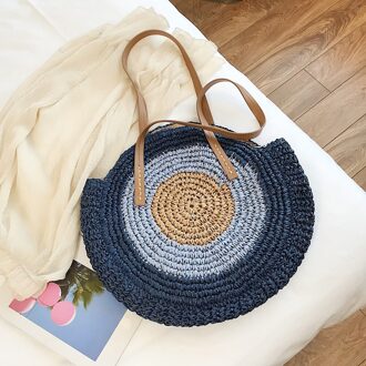 Grote Ronde Stro Strand Tassen Voor Vrouwen Handgemaakte Geweven Schoudertas Raffia Cirkel Rotan Zakken Bohemian Zomervakantie Tassen blauw