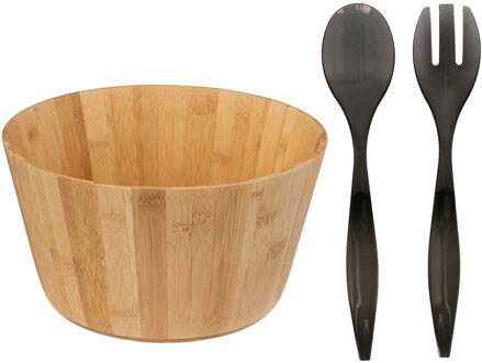Grote Salade schaal met grijs sla couvert - bamboe - lichtbruin - serveerschaal - D30 x H16 cm
