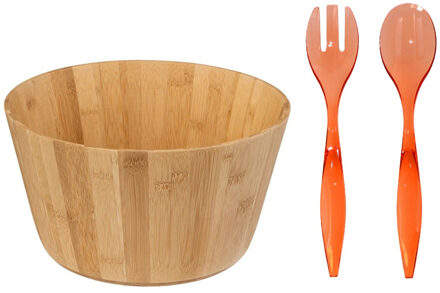 Grote Salade schaal met rood sla couvert - bamboe - lichtbruin - serveerschaal - D30 x H16 cm
