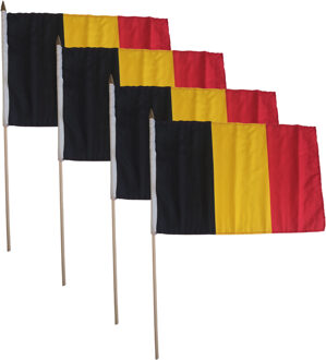 Grote zwaaivlag Belgie - Set van 4x stuks - 30 x 45 cm - polyester - Luxe - Belgie versiering - vlag