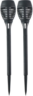 Grundig Solar tuinlamp fakkels/toortsen - 2x - met vlam effect - zwart - 48 cm