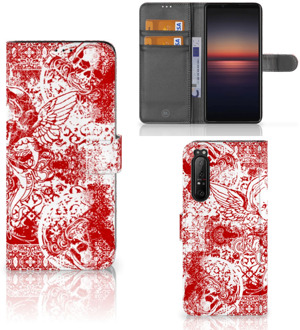 GSM Hoesje Sony Xperia 1 II Book Style Case Angel Skull Red