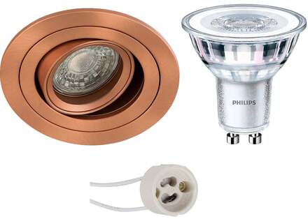 GU10 Inbouwspot Set - Koper - Inbouw Rond - Kantelbaar - Philips - CorePro 830 36D - Sigmi Luno Pro - 3.5W - Warm Wit 3000K - Zaagmaat 80mm Diameter 92mm