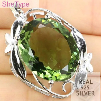 Guaranteed Real 925 Solid Sterling Silver 7.4g Big Gems 22x18mm Green Amethyst Pendant 35x25mm