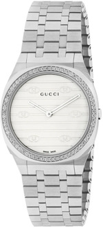 Gucci 30mm roestvrijstalen multi-gelaagde kast, lunet gezet met diamanten, wit messing wijzerplaat met Interlocking G motief, vijf schakels roestvrijstalen armband Gucci , Gray , Dames - ONE Size