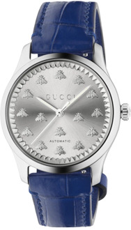 Gucci 38 mm stalen kast, zon geborstelde wijzerplaat met bijen, blauwe gekleurde alligator band Gucci , Blue , Dames - ONE Size