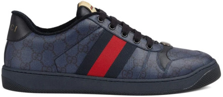 Gucci Donkerblauw/zwarte lage sneakers met webdetail Gucci , Blue , Heren - 43 1/2 EU