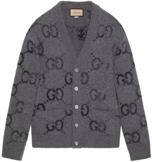 Gucci Intarsia Wol Cardigan met Monogram Patroon Gucci , Gray , Heren - L