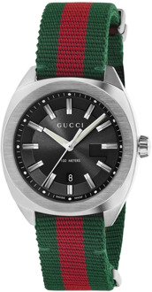 Gucci Stalen kast met zwarte zon geborstelde wijzerplaat en groen/rode web nylon band Gucci , Black , Dames - ONE Size