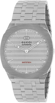 Gucci Uomo/Donna - Ya163302 - 40mm 40 mm roestvrijstalen multi-laagse kast, zwaar geborstelde grijze wijzerplaat met rode Gg727.25.A kalibergravure, armband van roestvrij staal met vijf schakels Gucci , Gray , Dames - ONE Size
