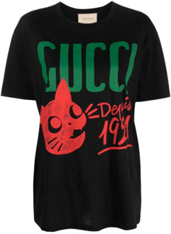 Gucci Zwart Logo-Print Katoenen T-Shirt Gucci , Black , Dames - S
