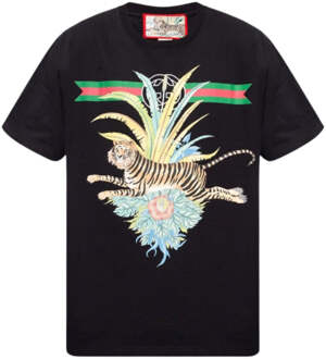 Gucci Zwart T-shirt met normale pasvorm van Gucci Flower Tiger Design