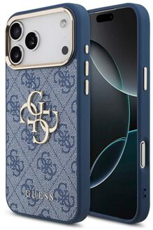 Guess 4G Metal Logo Backcover voor de Apple iPhone 17 Pro - Gold Edge - Blue Blauw