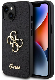 Guess 4G Metal Logo Glitter Backcover voor de Apple iPhone 15 - Zwart