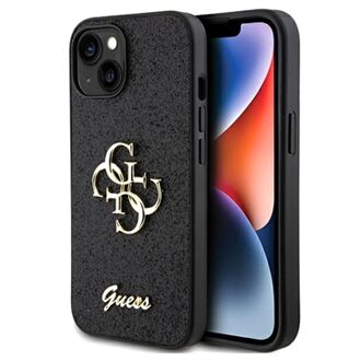 Guess 4G Metal Logo Glitter Backcover voor de iPhone 15 - Zwart