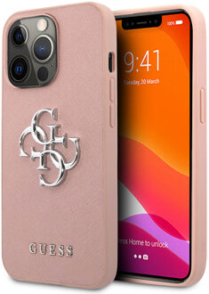 Guess 4G Metal Logo Saffiano Backcover voor de Apple iPhone 13 Pro - Roze