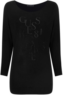 Guess Gebreide kleding met ronde hals en lang strass-logo Guess , Black , Dames - XS