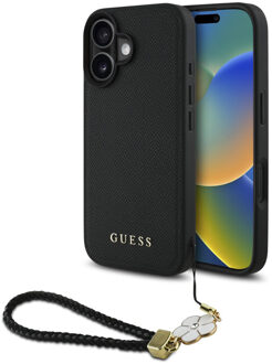 Guess Grained Backcover MagSafe met Flower Charm Strap voor de Apple iPhone 16 - Zwart