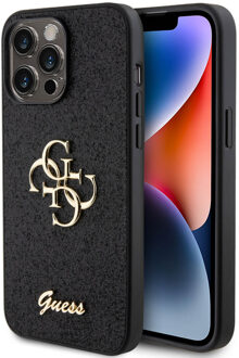 Guess iPhone 15 Pro Max Guess Fixed Glitter 4G Metal Logo Cover - Zwart