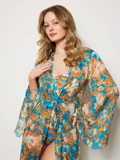 Guess Lange Kimono Van Gemengde Zijde Azuurblauw - S