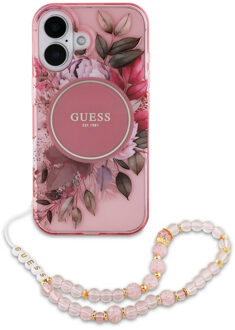 Guess MagSafe IML Flowers Case met beads strap voor de Apple iPhone 16 - Pink Roze