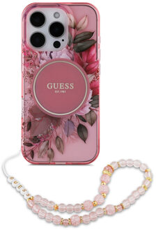 Guess MagSafe IML Flowers Case met beads strap voor de Apple iPhone 16 Pro Max - Pink Roze