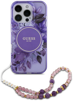 Guess MagSafe IML Flowers Case met beads strap voor de Apple iPhone 16 Pro Max - Purple Paars