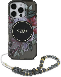 Guess MagSafe IML Flowers Case met beads strap voor de Apple iPhone 16 Pro Max - Zwart