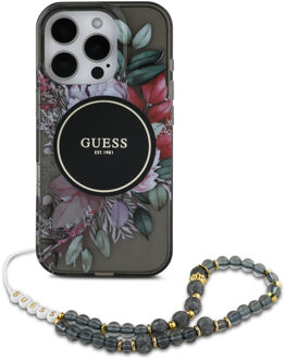 Guess MagSafe IML Flowers Case met beads strap voor de Apple iPhone 16 Pro - Zwart