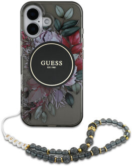 Guess MagSafe IML Flowers Case met beads strap voor de Apple iPhone 16 - Zwart