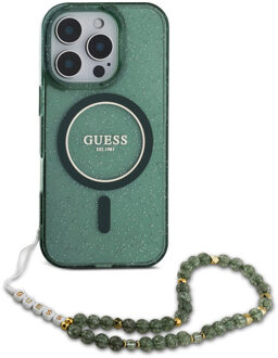 Guess MagSafe IML Glitter Case met beads strap voor de Apple iPhone 16 Pro - Green Groen