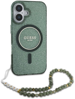 Guess MagSafe IML Glitter Case met beads strap voor de Apple iPhone 16 Pro Max - Green Groen