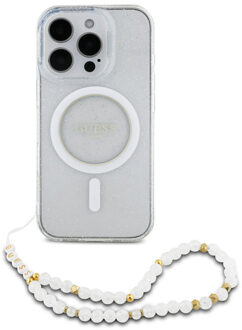 Guess MagSafe IML Glitter Case met beads strap voor de Apple iPhone 16 Pro - Transparent Transparant